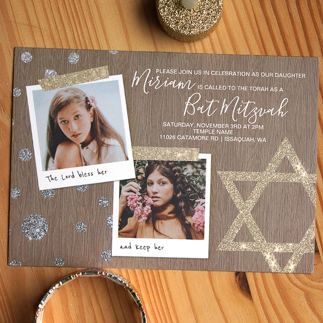 Gold & Silver Glitter Bat Mitzvah Invitation (Gold, pewter, beige glitter star of david bat mitzvah invitation with photos)