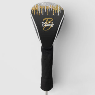Gold Silver Glitter Drip Monogram Sparkle on Black Golf Head Cover