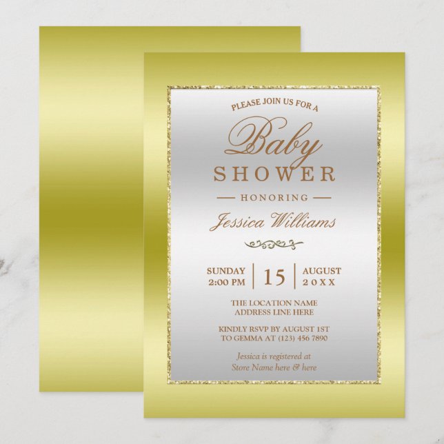 Gold & Silver Glitter Framed Baby Shower Invitation (Front/Back)