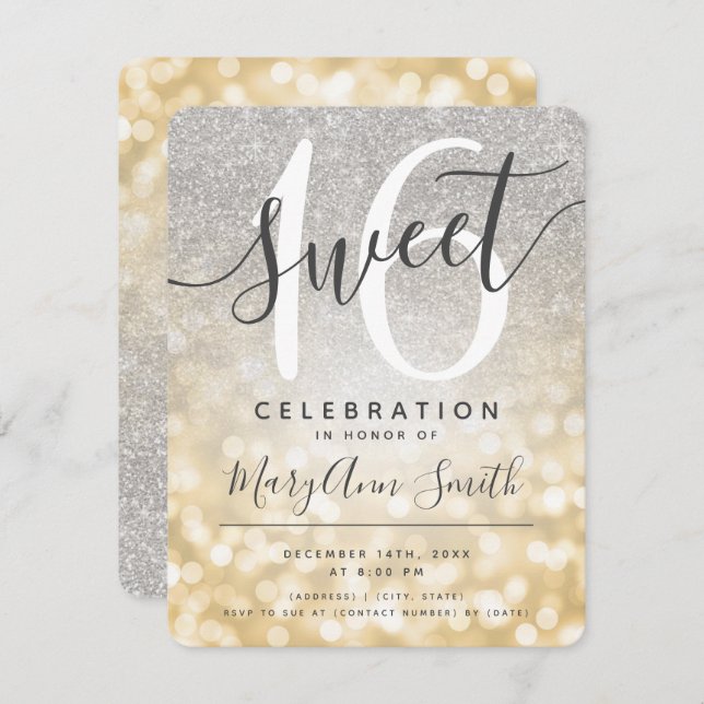 Gold & Silver Glitter Glam Lights Sweet 16th  Invitation (Front/Back)