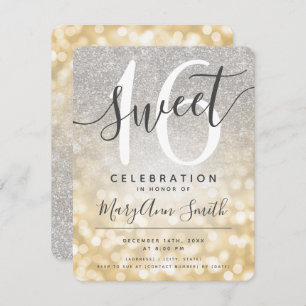 Gold & Silver Glitter Glam Lights Sweet 16th Invitation