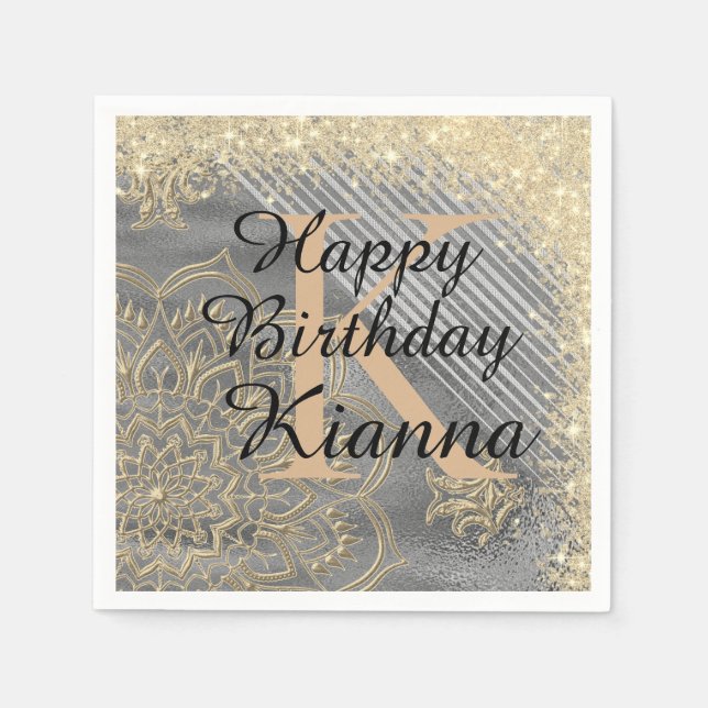 Gold Silver Glitter Mandala Monogram Birthday      Napkin (Front)