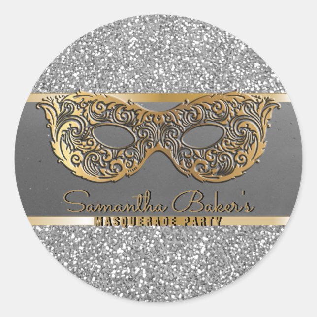 Gold Silver Glitter Masquerade Party Birthday Classic Round Sticker (Front)