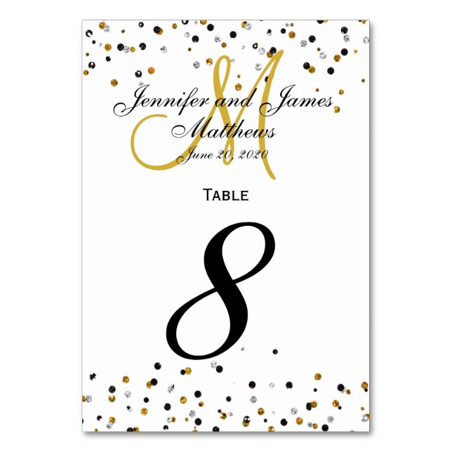 Gold Silver Glitz Glam Wedding Table Number Card (Front)