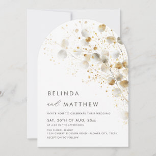 Gold Silver Leaves Watercolor Flowers Modern Arch Invitation