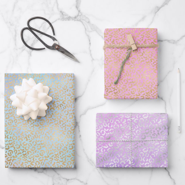Gold Silver Leopard Print Watercolor Wrapping Paper Sheet (Front)