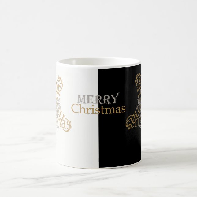 Gold & Silver Merry Christmas Star, Black & White Coffee Mug (Center)