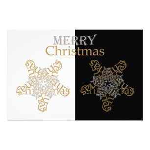 Gold & Silver Merry Christmas Star, Black & White Photo Print