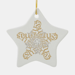 Gold, Silver Merry Christmas Star Calligraphy Art Ceramic Tree Decoration