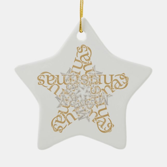 Gold, Silver Merry Christmas Star Calligraphy Art Ceramic Tree Decoration (Front)