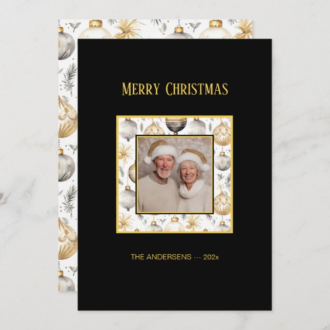 Gold Silver Ornaments Black Photo Christmas Card (Front/Back)