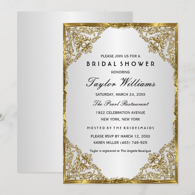 Gold Silver Pearl Vintage Glamour Bridal Shower Invitation (Front/Back)