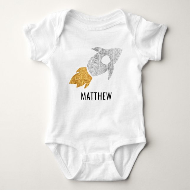Gold Silver Personalised Rocket Outer Space Kids Baby Bodysuit (Front)