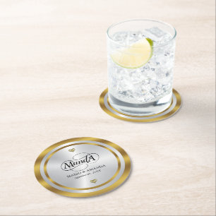 Gold Silver Personalised Wedding Monogram Round Paper Coaster