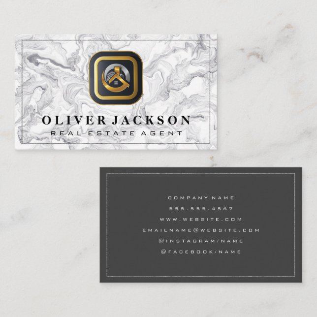 Gold Silver Real Estate Logo | Marble Business Card (Front/Back)