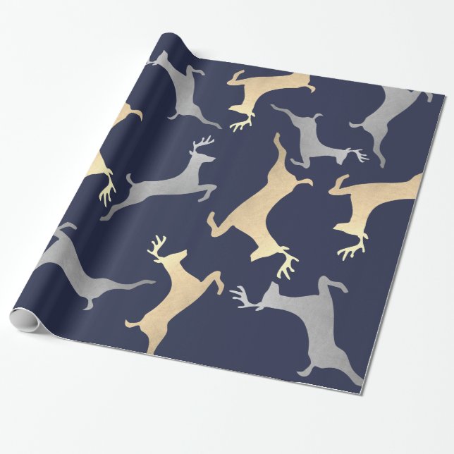 Gold Silver Reindeer Christmas Holiday Navy Blue Wrapping Paper (Unrolled)