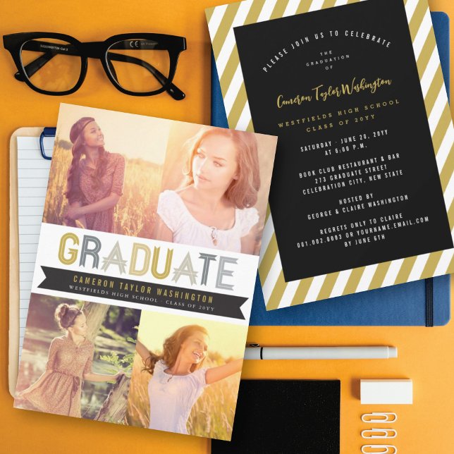 Gold Silver Ribbon Graduate Photo Graduation Party Invitation (Creator Uploaded)