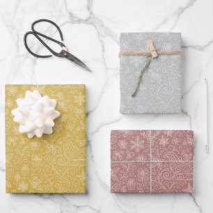 Gold, Silver, Rose Gold Doodle Christmas Pattern Wrapping Paper Sheet