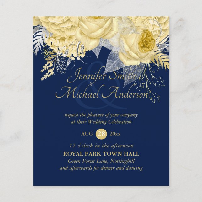 Gold Silver Roses Floral Wedding Invites (Front)