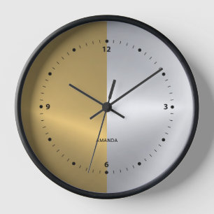 Gold & Silver Split Screen Geometric Design Clock