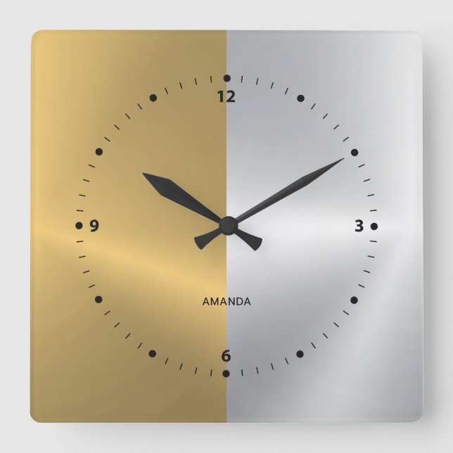 Gold & Silver Split Screen Geometric Design Square Wall Clock (Front)