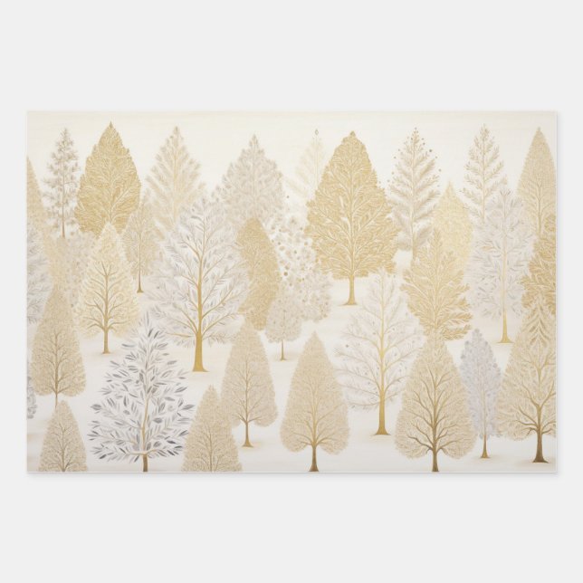 Gold Silver White Christmas Trees Wrapping Paper Sheet (Front)