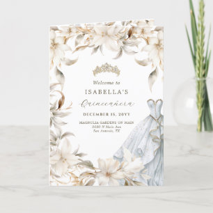 Gold Silver White Floral Folded Quinceañera Programme