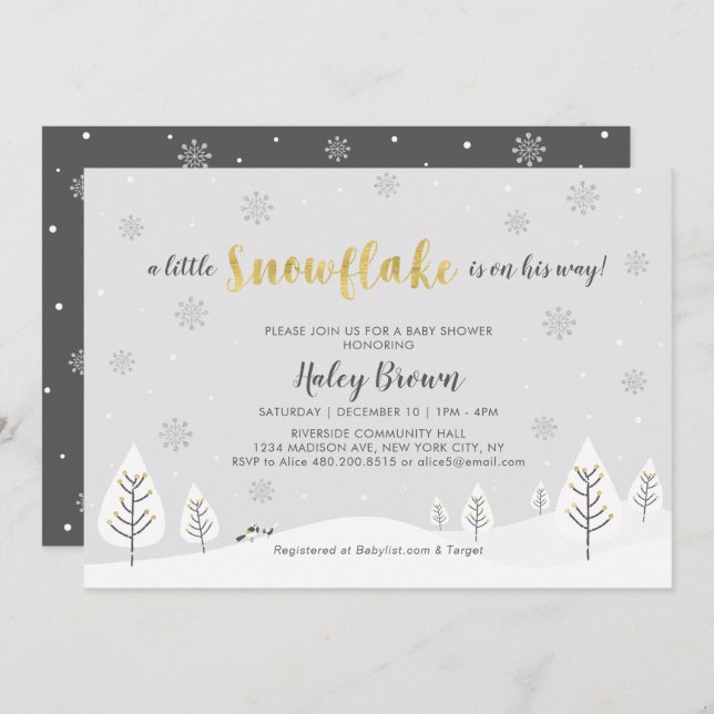 Gold & Silver Winter Wonderland Boy Baby Shower Invitation (Front/Back)