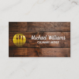 Gold Silverware Logo Wooden Boards Business Card