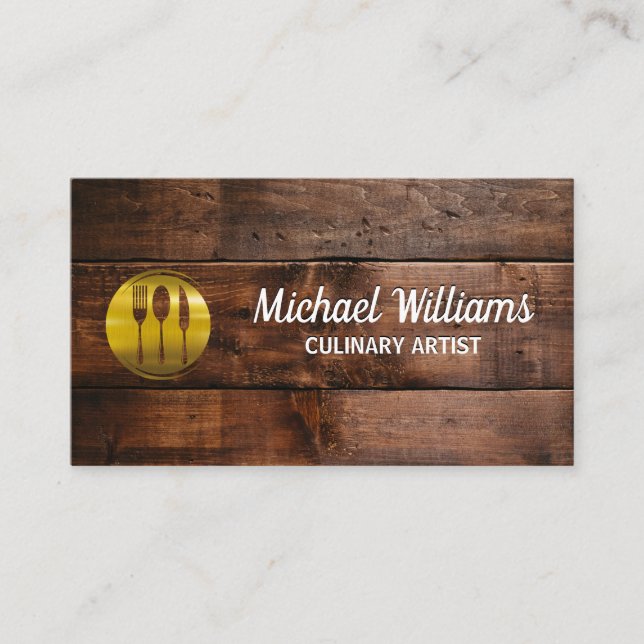 Gold Silverware Logo | Wooden Boards Business Card (Front)