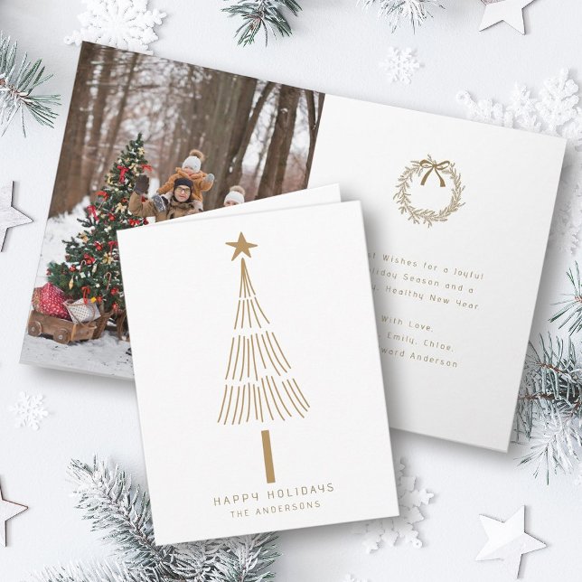 Gold Simple and Modern Christmas Pine Tree Photo  Holiday Card (Front & Inside)