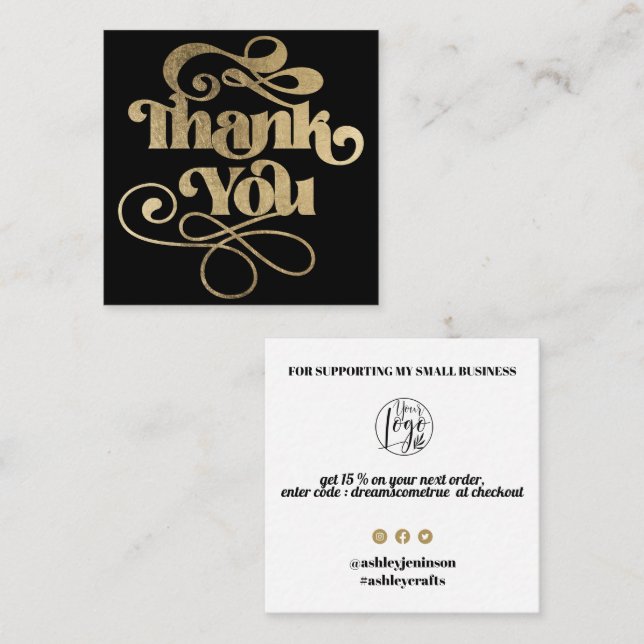Gold simple black retro script order thank you square business card (Front/Back)