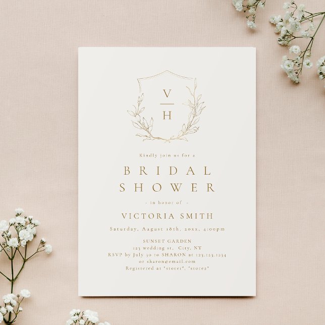 Gold simple botanical crest monogram bridal shower invitation (Gold simple botanical crest monogram bridal shower invitation)