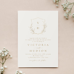 Gold simple botanical crest monogram wedding invitation