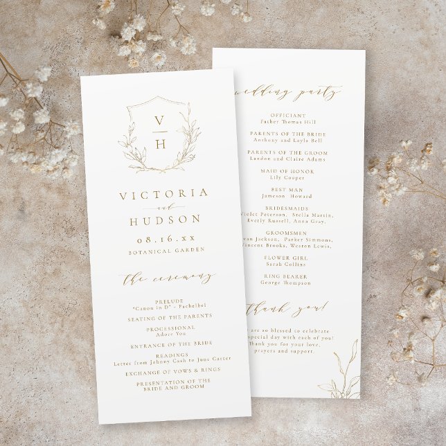 Gold simple botanical crest monogram wedding programme (Gold simple botanical crest monogram wedding program)