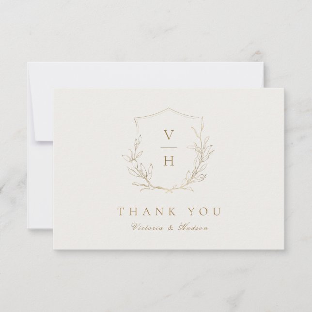 Gold simple botanical crest monogram wedding thank thank you card (Front)