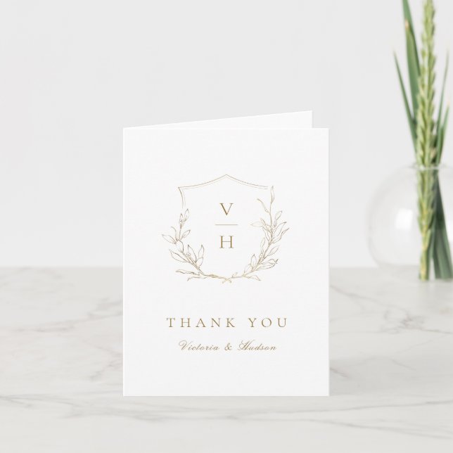Gold simple botanical crest monogram wedding thank you card (Front)