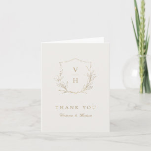 Gold simple botanical crest monogram wedding thank you card