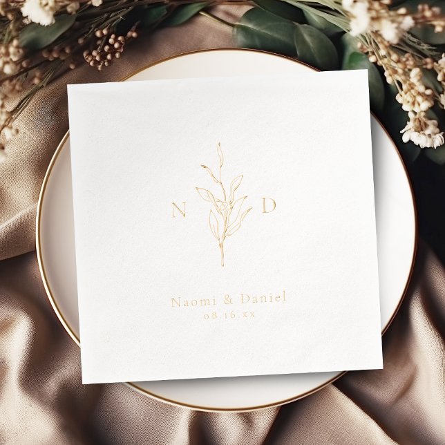 Gold simple botanical wedding monogram foil napkins (Gold simple botanical wedding monogram foil napkins)