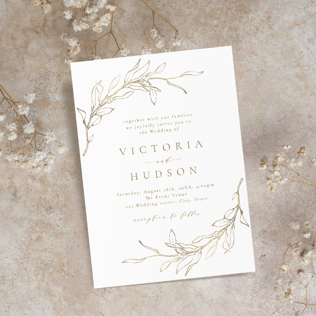 Gold simple botanical wreath rustic wedding invitation (Creator Uploaded)