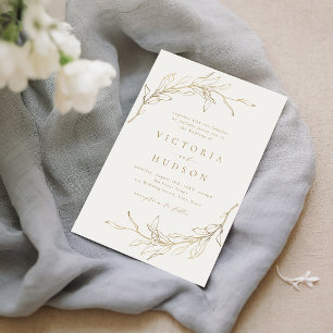 Gold simple botanical wreath rustic wedding invitation