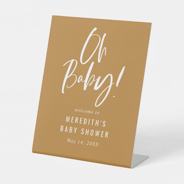 Gold Simple Calligraphy Gender Neutral Baby Shower Pedestal Sign (Front)