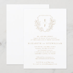Gold Simple Cherry Blossom Crest Monogram Wedding Invitation