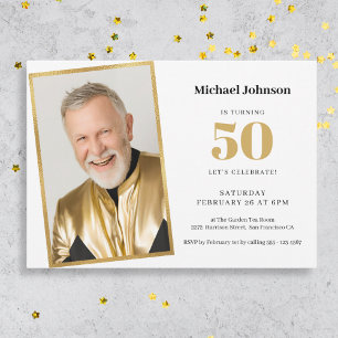 Gold Simple Custom Photo 50th Birthday Party Invitation