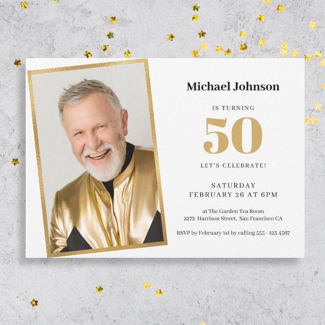 Gold Simple Custom Photo 50th Birthday Party  Invitation (Mockup View)