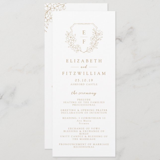 Gold Simple Elegant Cherry Blossom Monogram Crest  Programme (Front/Back)