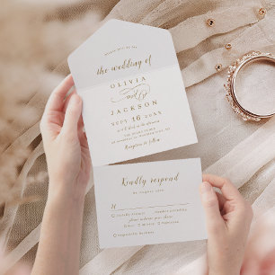 Gold simple elegant romantic script wedding all in one invitation