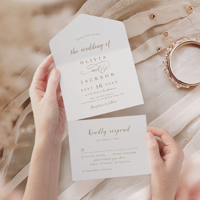 Gold simple elegant romantic script wedding all in one invitation (Gold simple elegant romantic script wedding all in one invitation)