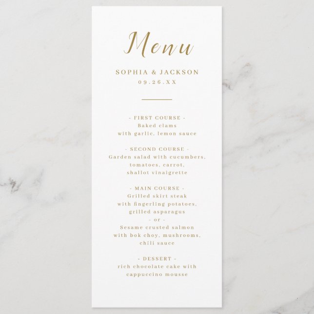 Gold simple elegant romantic script wedding  menu (Front)