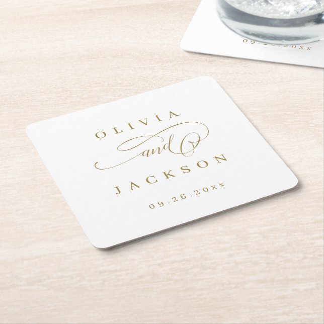 Gold simple elegant romantic script wedding square paper coaster (Angled)